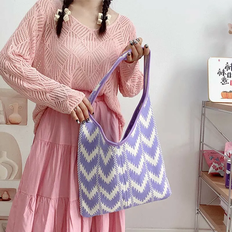 Wavy Stripe Tote For Women College Student Shoulder Bag