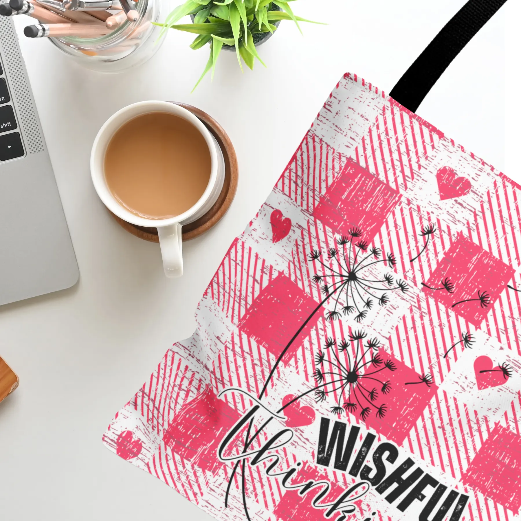 Wishful Thinking Pink Plaid Small Tote Bag: Chic and Compact Carryall in Stylish Design
