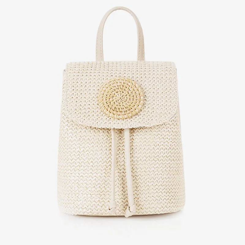 Women Straw Backpack Summer Beach Woven Drawstring Handbag Shoulder Bag
