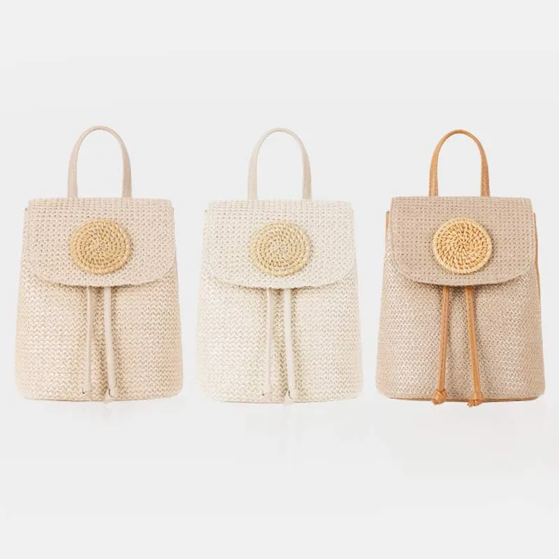 Women Straw Backpack Summer Beach Woven Drawstring Handbag Shoulder Bag